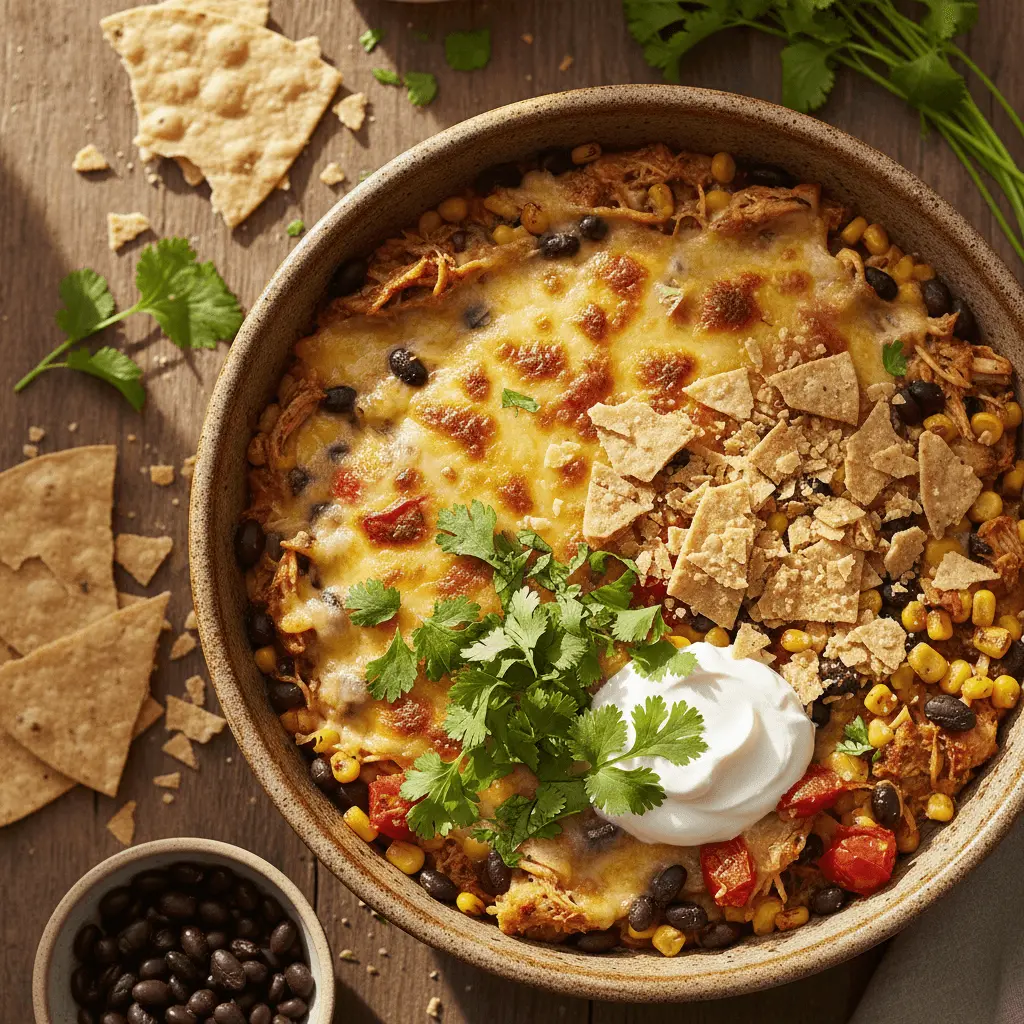 Overhead view of a bubbly, golden chicken taco casserole in an earthenware bowl, garnished with sour cream, cilantro, and crushed tortilla chips on a rustic wooden surface.