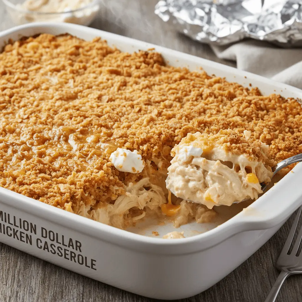 Close-up of a freshly baked Million Dollar Chicken Casserole in a white dish with a golden-brown topping and a serving spoon revealing the creamy, cheesy interior.