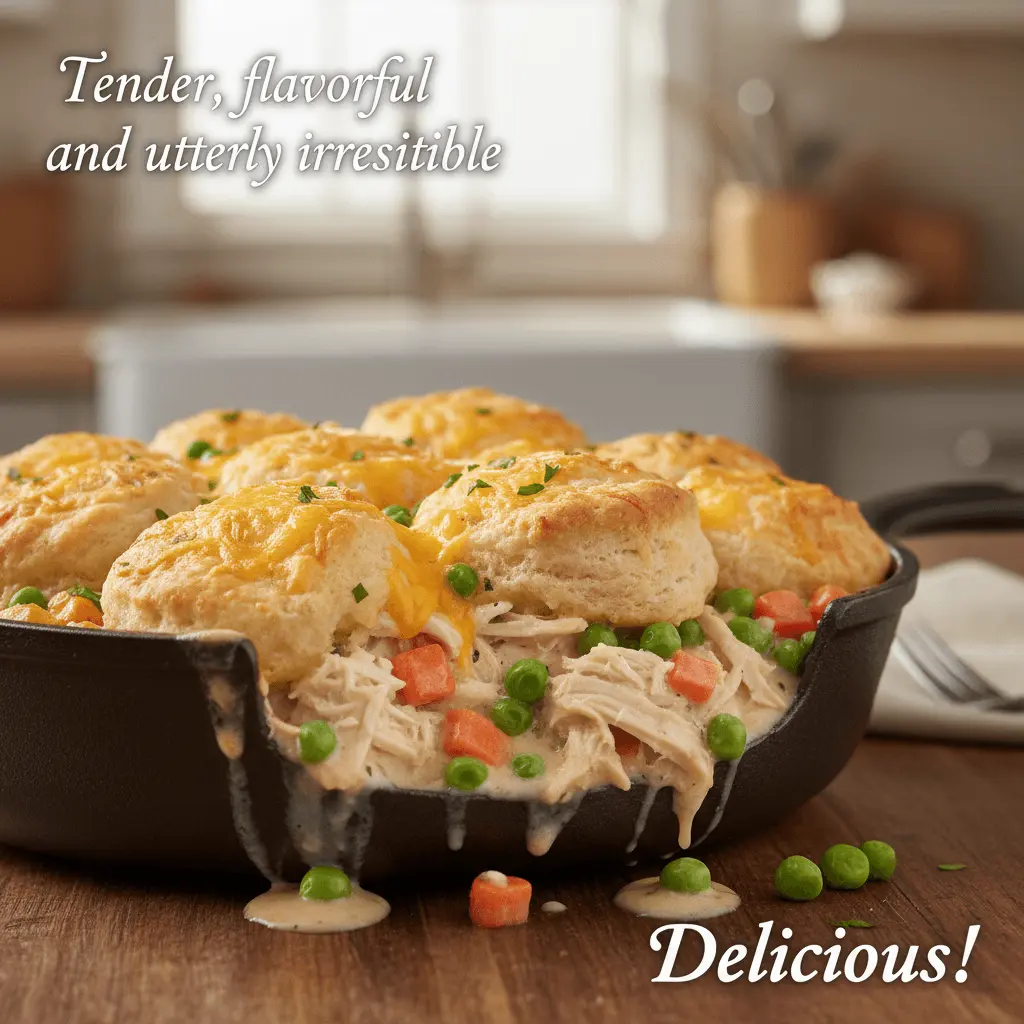 Golden-brown biscuits top a hearty chicken cobbler casserole overflowing from a rustic cast-iron skillet, ready to be served.