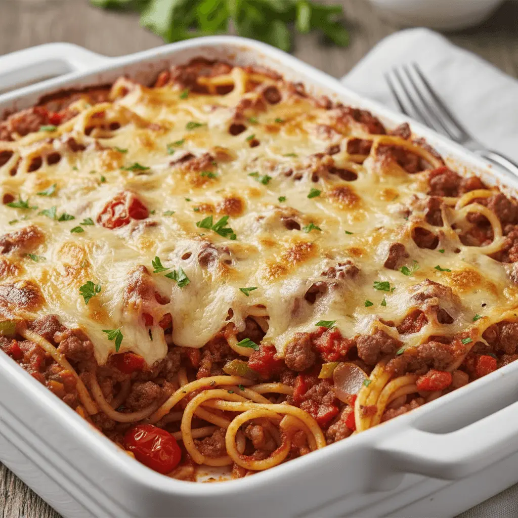 Hearty baked spaghetti casserole in a white ceramic dish, topped with bubbly golden cheese and fresh herbs, ready to serve.