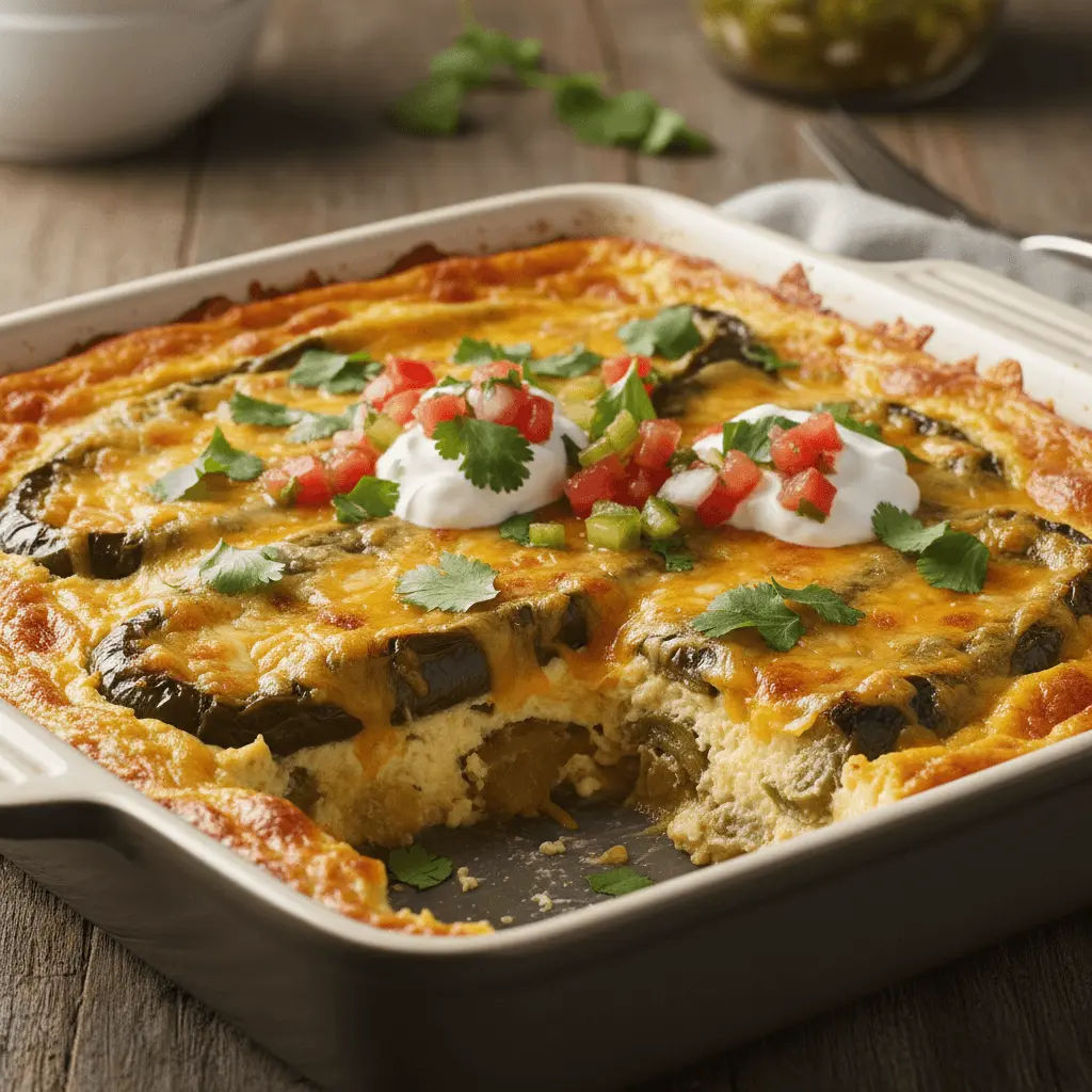 Freshly baked chile relleno casserole in a ceramic dish, topped with melted cheese, sour cream, pico de gallo, and cilantro on a rustic wooden table.