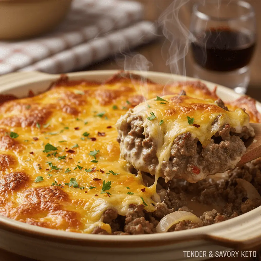 Close-up of a bubbling, golden-brown keto casserole with melted cheese and fresh parsley, being scooped with a spoon, showing a delicious cheese pull.