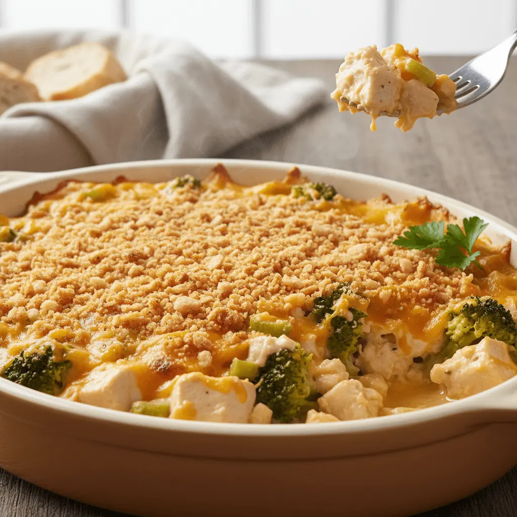 Hot chicken divan casserole with a golden-brown breadcrumb topping, steaming from the oven, with a fork lifting a spoonful of chicken and broccoli.