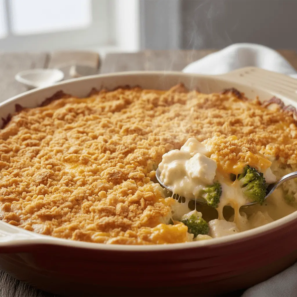 Close-up of a freshly baked chicken divan casserole with a golden, crumbly topping and creamy chicken and broccoli filling being served.