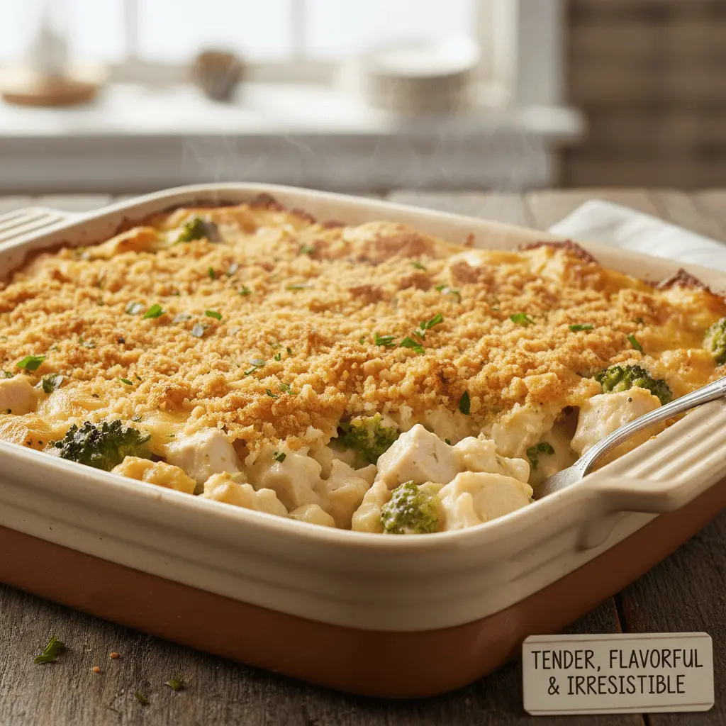 Close-up of a freshly baked chicken divan casserole with a golden crumb topping, steam rising, and a scoop revealing creamy chicken and broccoli.