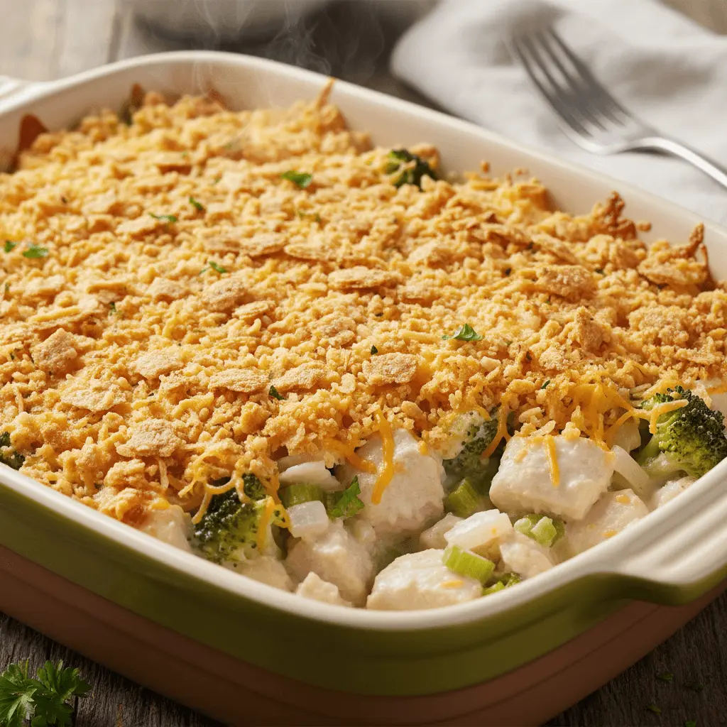 Freshly baked chicken divan casserole with a golden-brown crispy topping, broccoli, chicken, and creamy sauce, steaming hot in a ceramic dish.