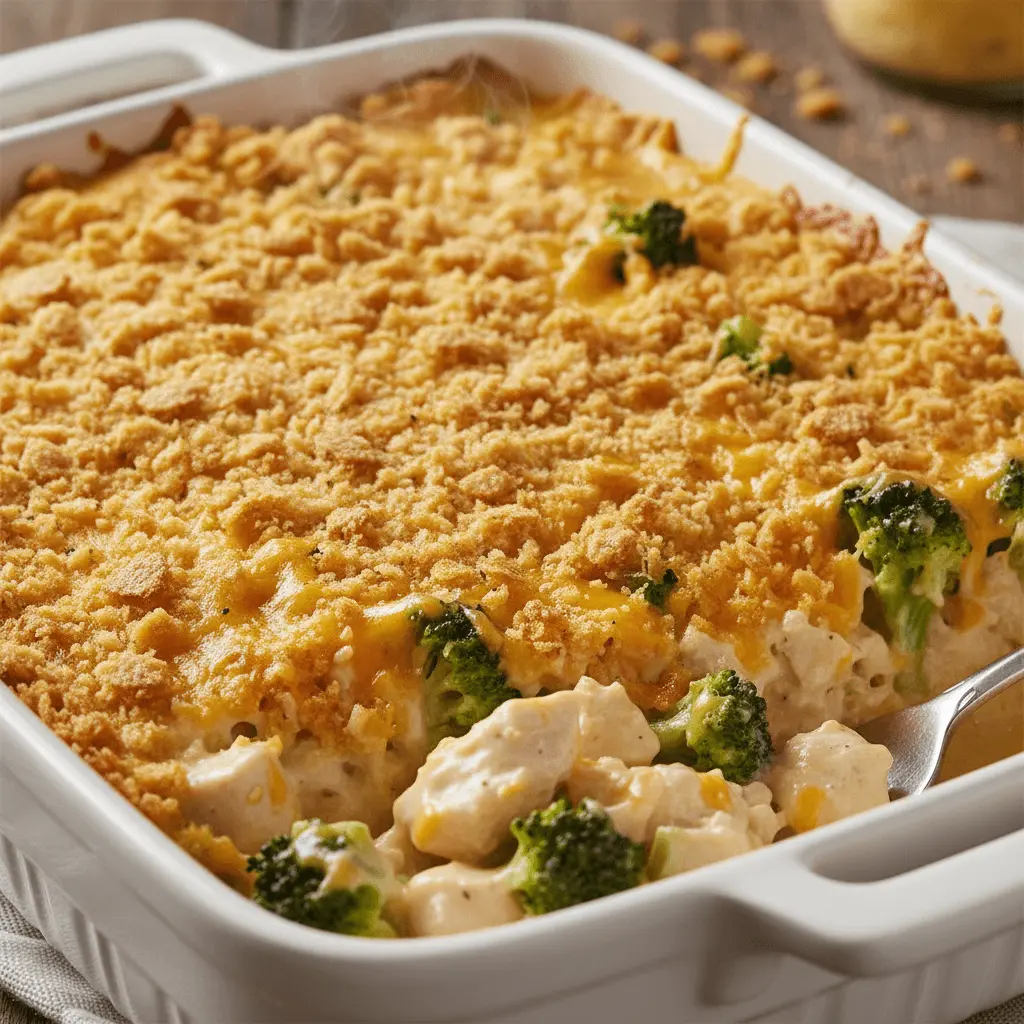 Close-up of a freshly baked chicken divan casserole with a golden-brown crumb topping, broccoli, and chicken in a creamy sauce, with a fork scooping a bite.