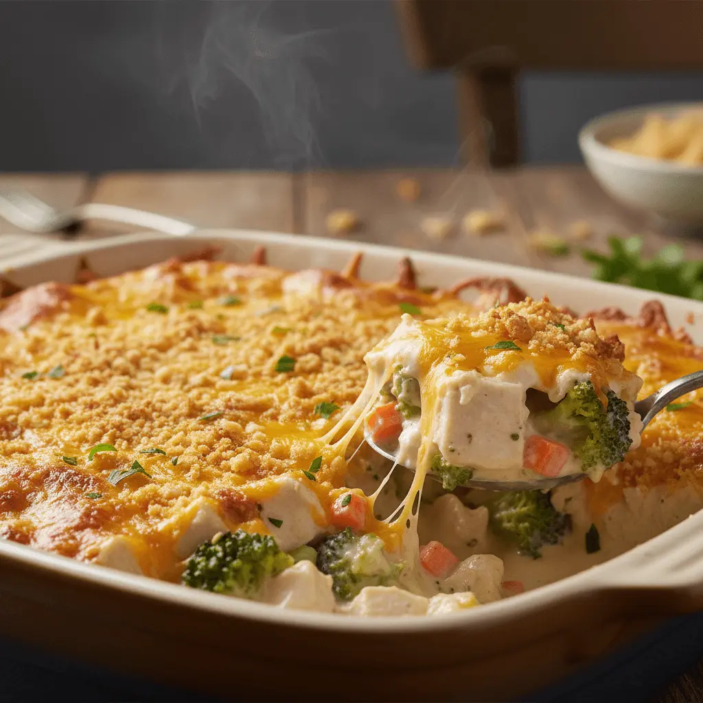 Appetizing close-up of a freshly baked chicken divan casserole with a golden crumb topping, creamy sauce, and visible chicken and broccoli.