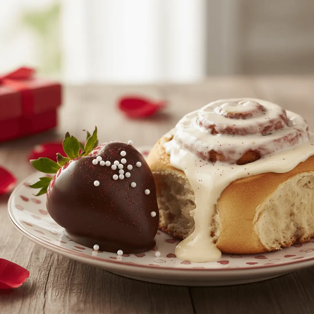 Delicious valentines chocolate covered strawberry with white sprinkles, served on a heart-patterned plate with a cinnamon roll and rose petals.