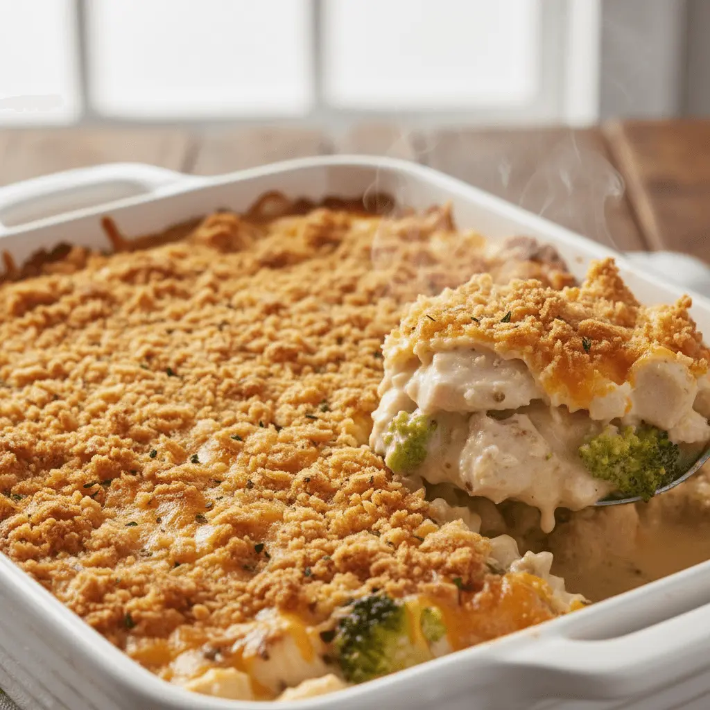 Close-up of a steaming, freshly baked chicken divan casserole with golden-brown topping, chicken, and broccoli being served.