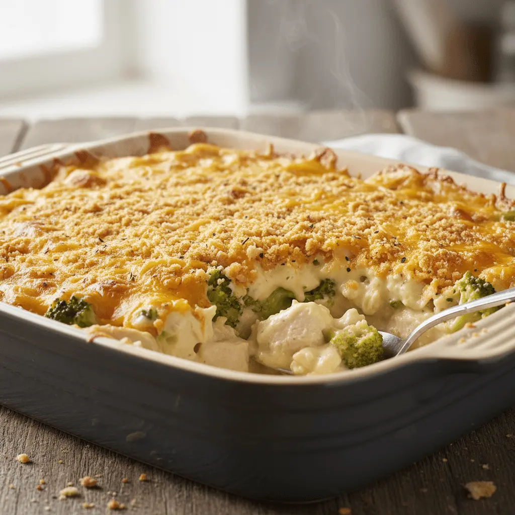 Hot and steaming chicken divan casserole with a golden-brown cheesy crust, tender chicken, and vibrant broccoli in a blue baking dish.