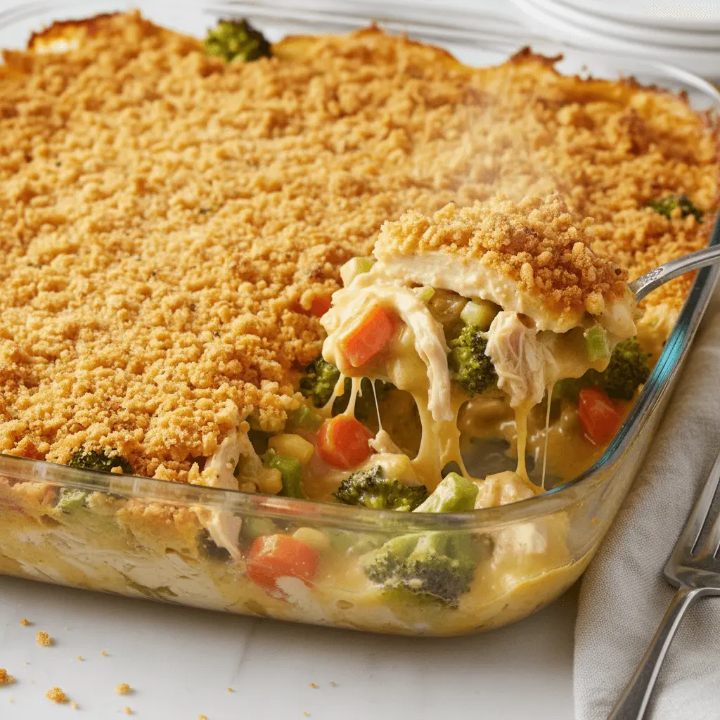 Creamy chicken divan casserole with broccoli, carrots, and a golden-brown topping, served in a glass dish.