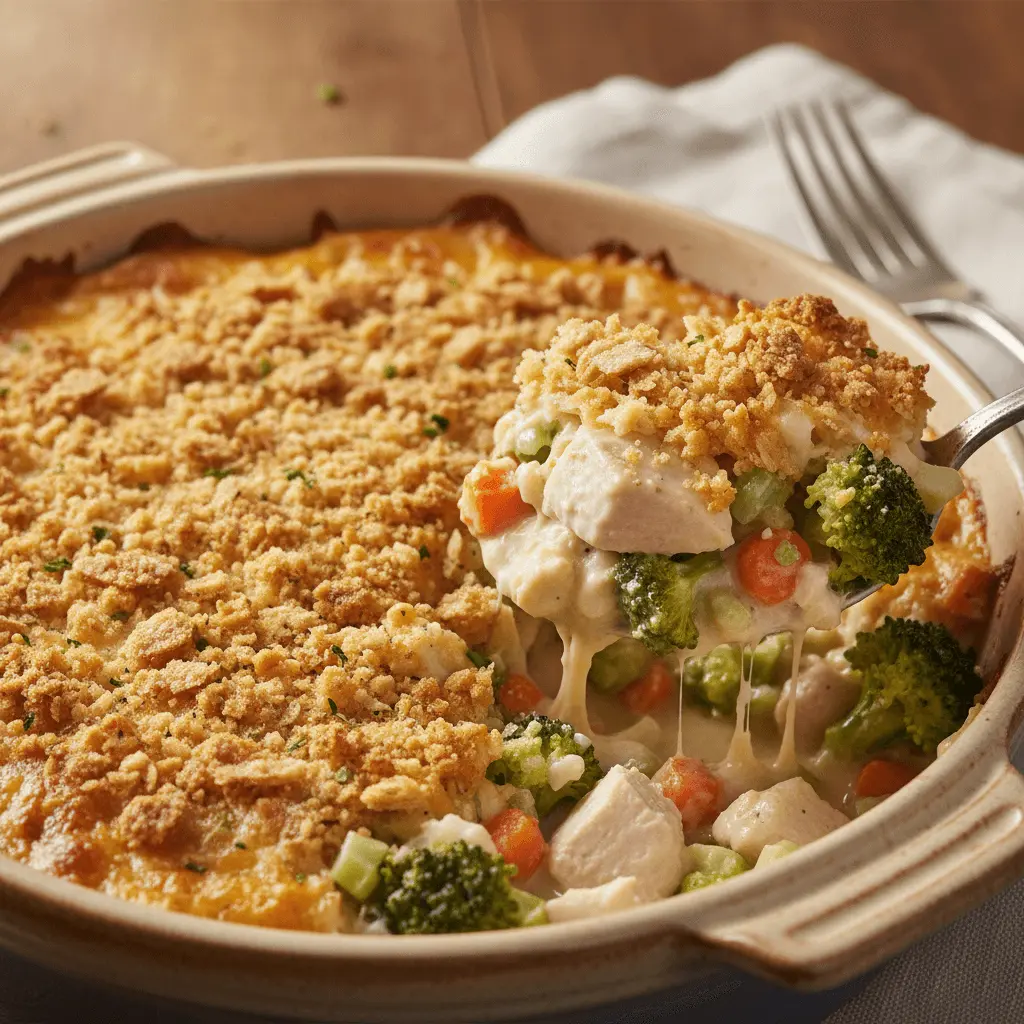 A close-up of a serving spoon lifting a creamy chicken divan casserole with broccoli, carrots, and a crispy golden-brown topping from a ceramic baking dish.