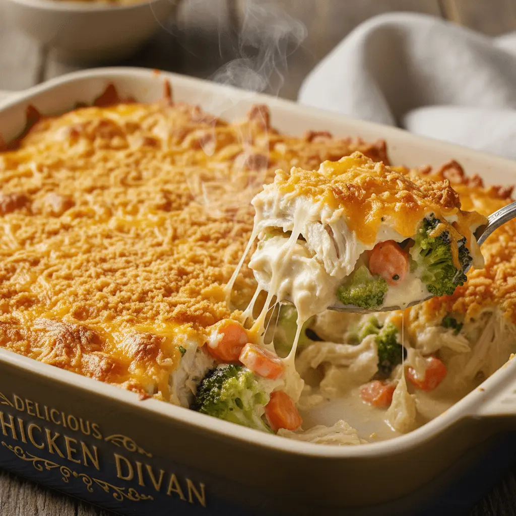 Serving a hot, cheesy chicken divan casserole with broccoli and carrots, fresh from the oven, showing a delicious cheese pull.