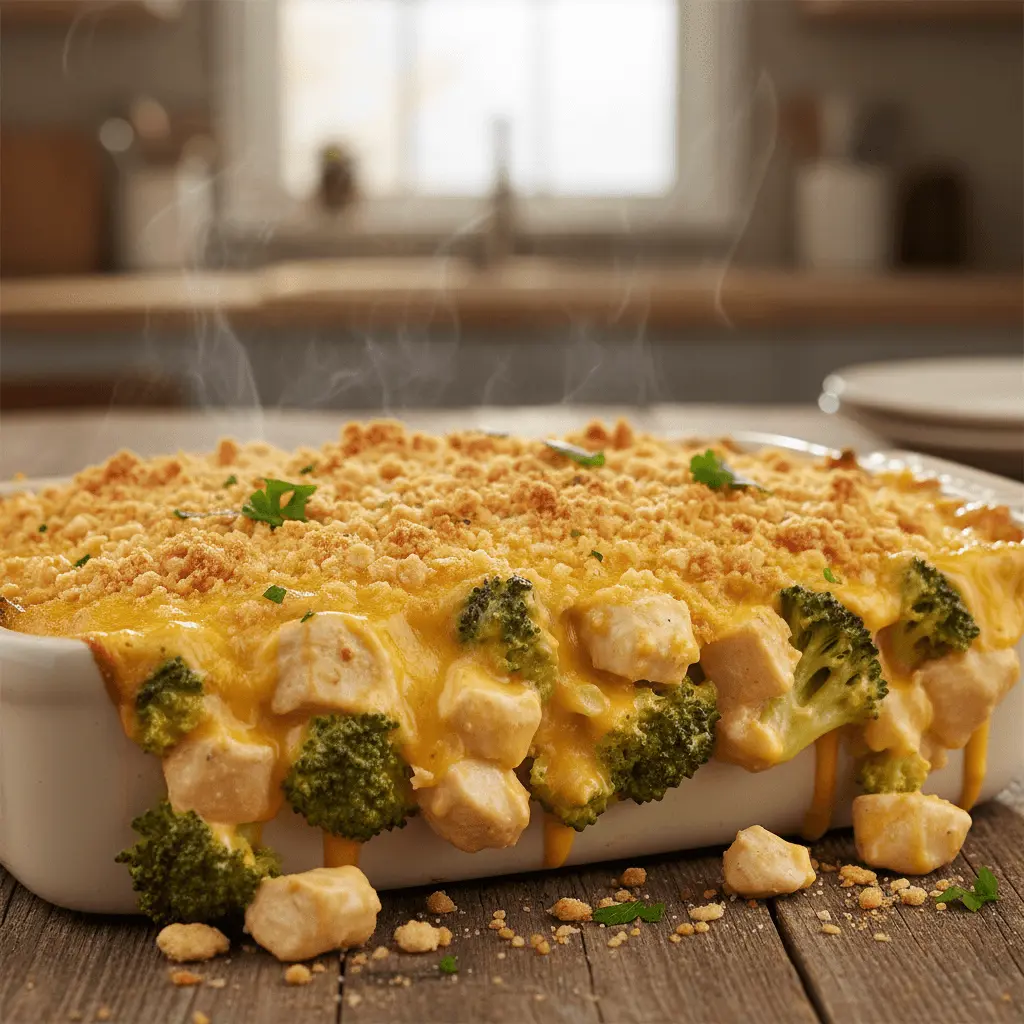 Steaming hot chicken divan casserole with a golden-brown crumb topping, fresh broccoli, and creamy cheese sauce in a white baking dish on a rustic wooden table.