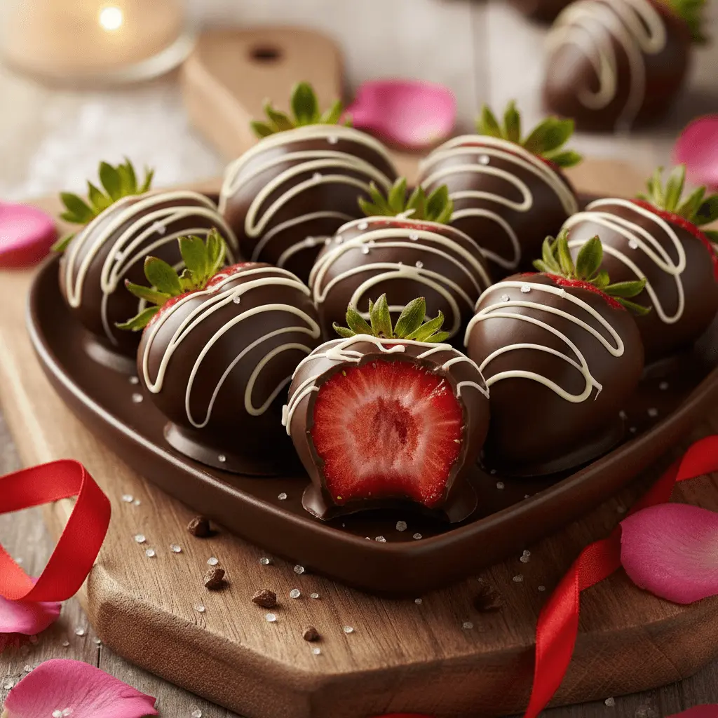A heart-shaped plate filled with glistening valentines chocolate covered strawberries, drizzled with white chocolate and edible pearls, against a rustic background with rose petals and red ribbons. One strawberry is cut in half.