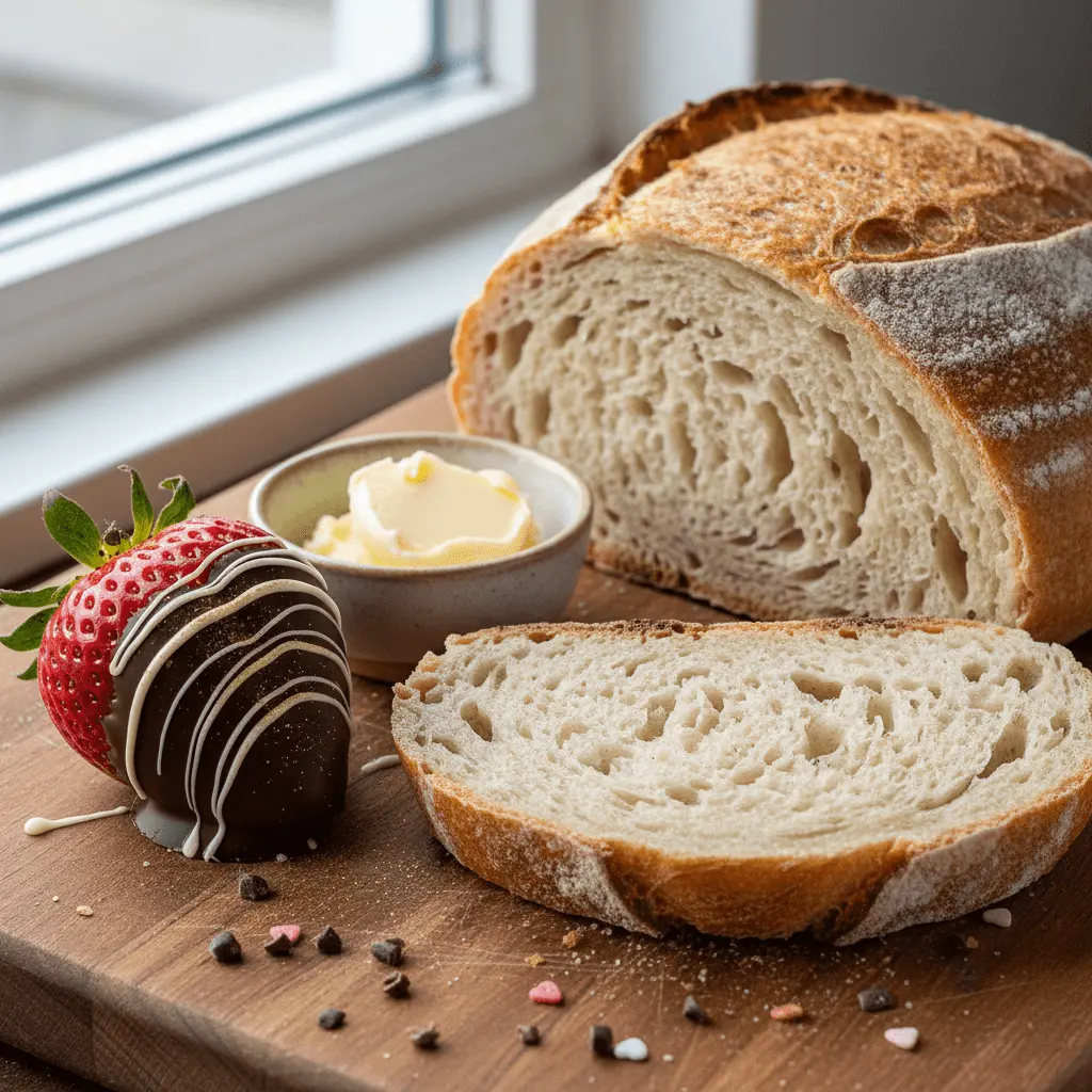 Glistening valentines chocolate covered strawberry with white chocolate drizzle and golden glitter, presented on a rustic board with artisan bread and heart sprinkles.