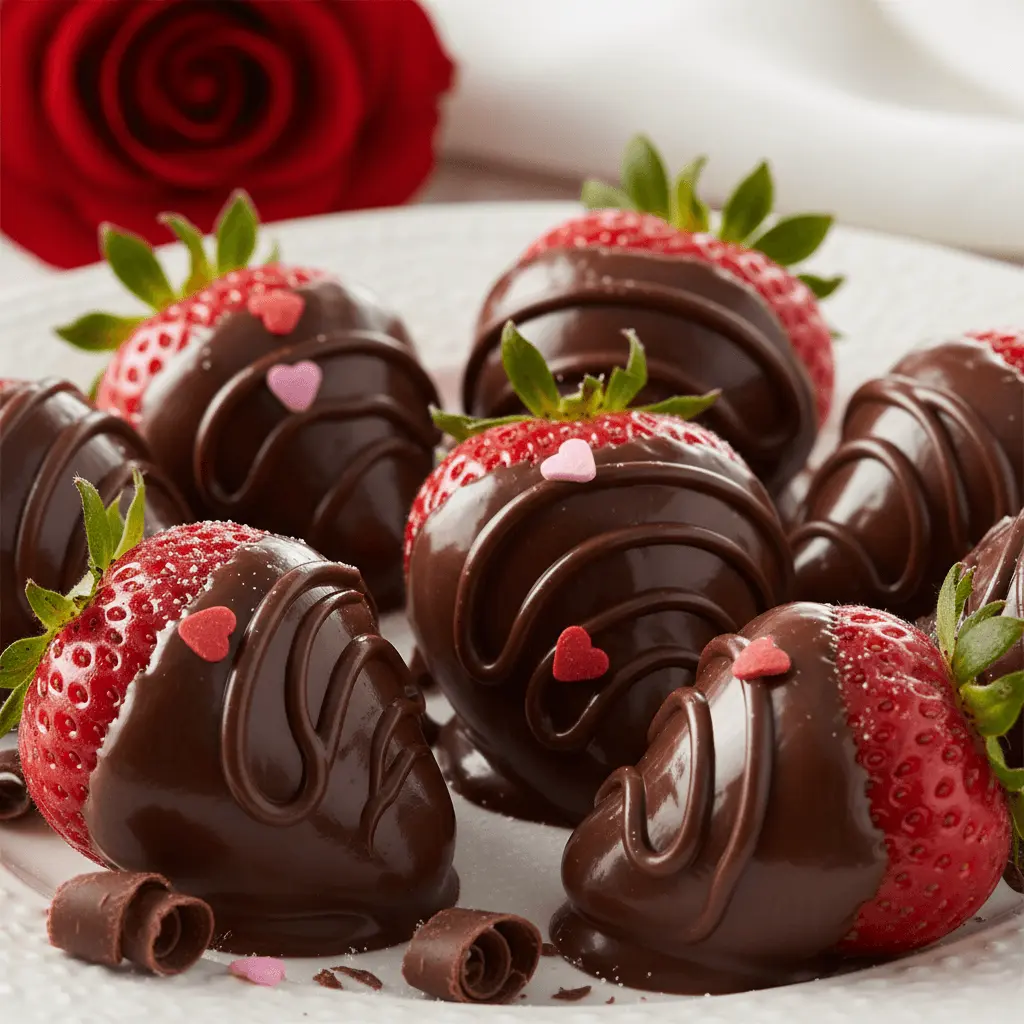Luscious valentines chocolate covered strawberry arrangement with heart sprinkles and a romantic red rose background.