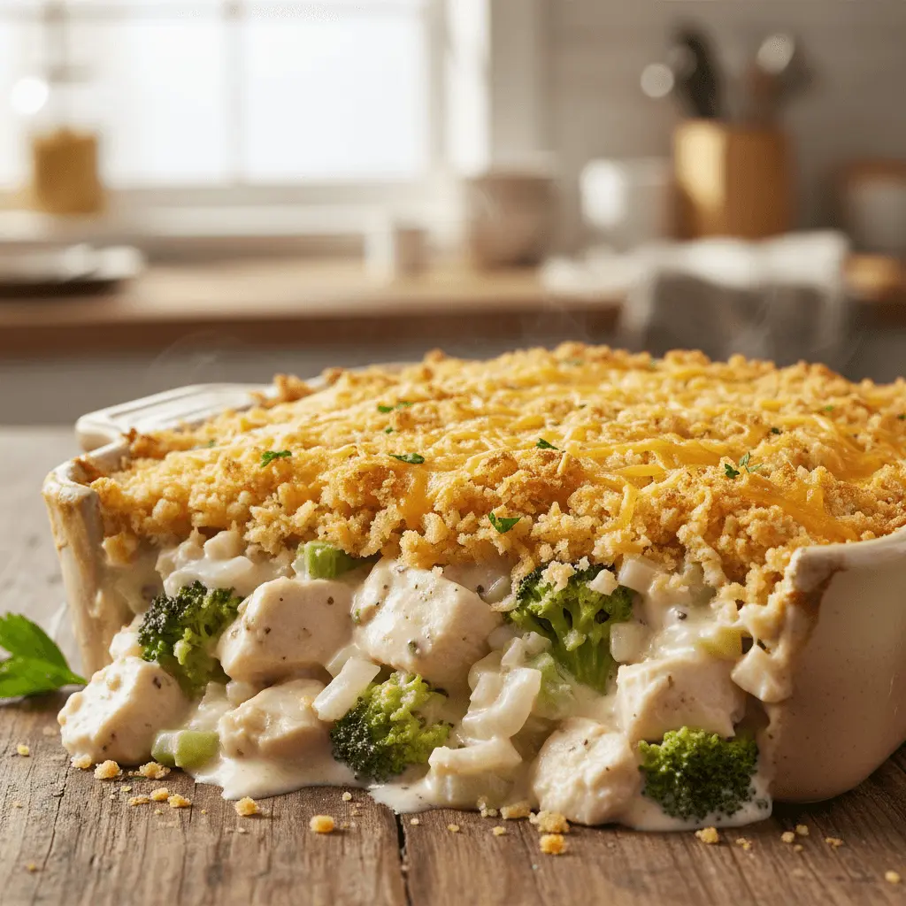 Close-up of a freshly baked, golden-brown chicken divan casserole with broccoli and a crispy topping.