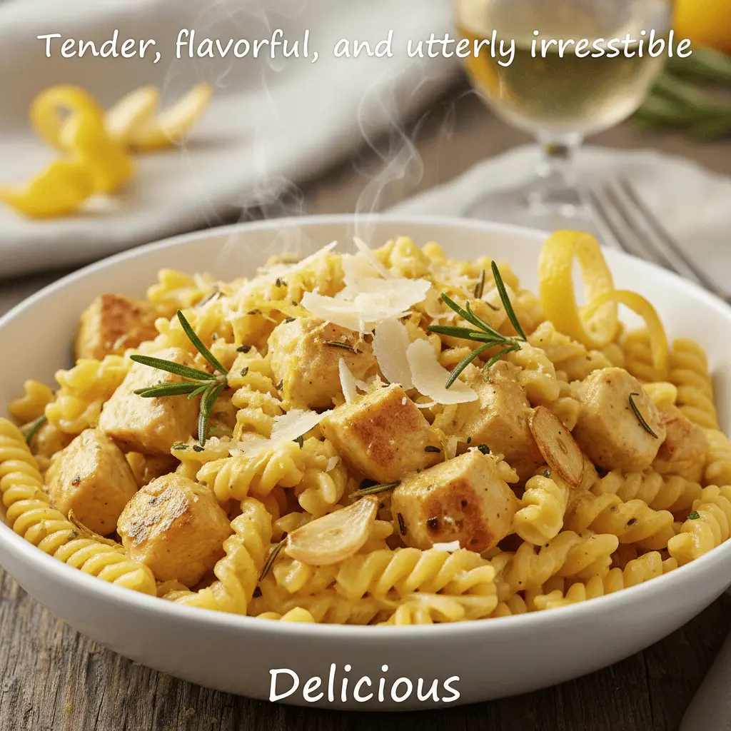 A vibrant bowl of creamy fusilli chicken pasta, garnished with fresh rosemary, Parmesan, and lemon, perfect for delicious chicken pasta recipes.