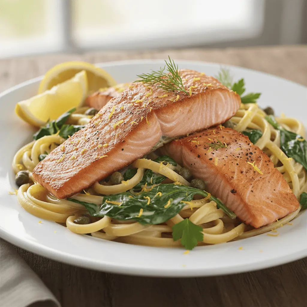 Appetizing pan-seared salmon fillets over linguine with spinach, capers, and lemon, a perfect image for salmon pasta recipes.