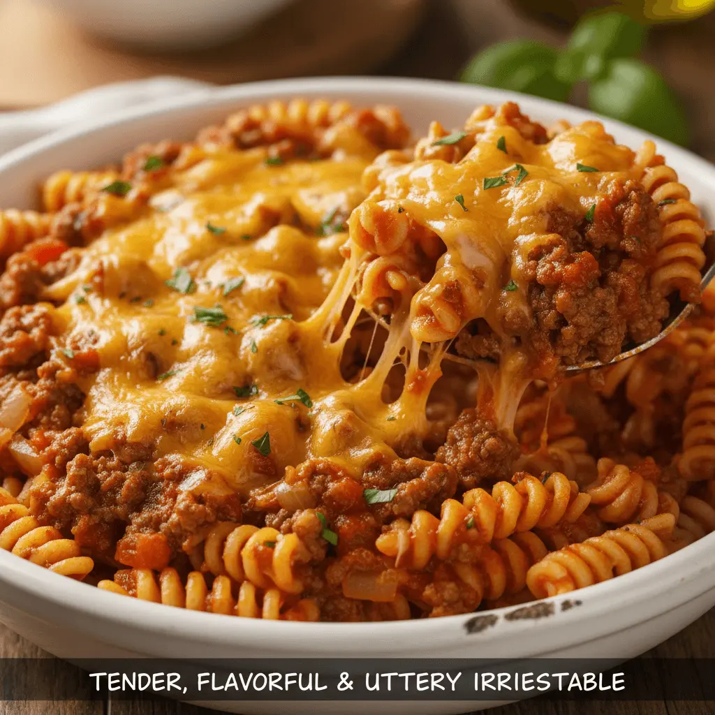 Appetizing close-up of baked ground beef pasta recipes with rotini, rich meat sauce, and a dramatic cheese pull.