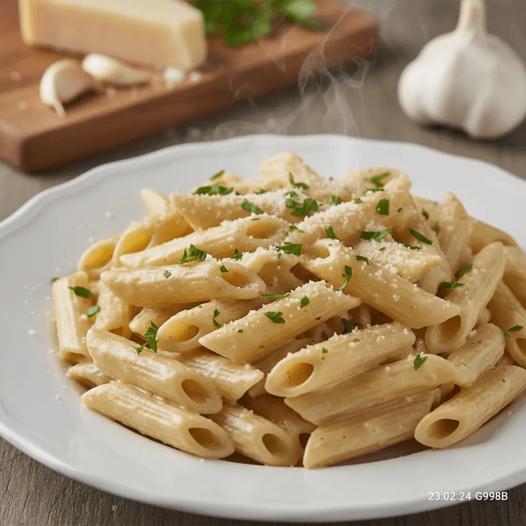A close-up of delicious creamy penne pasta, garnished with Parmesan and fresh herbs, inspiring new penne pasta recipes.