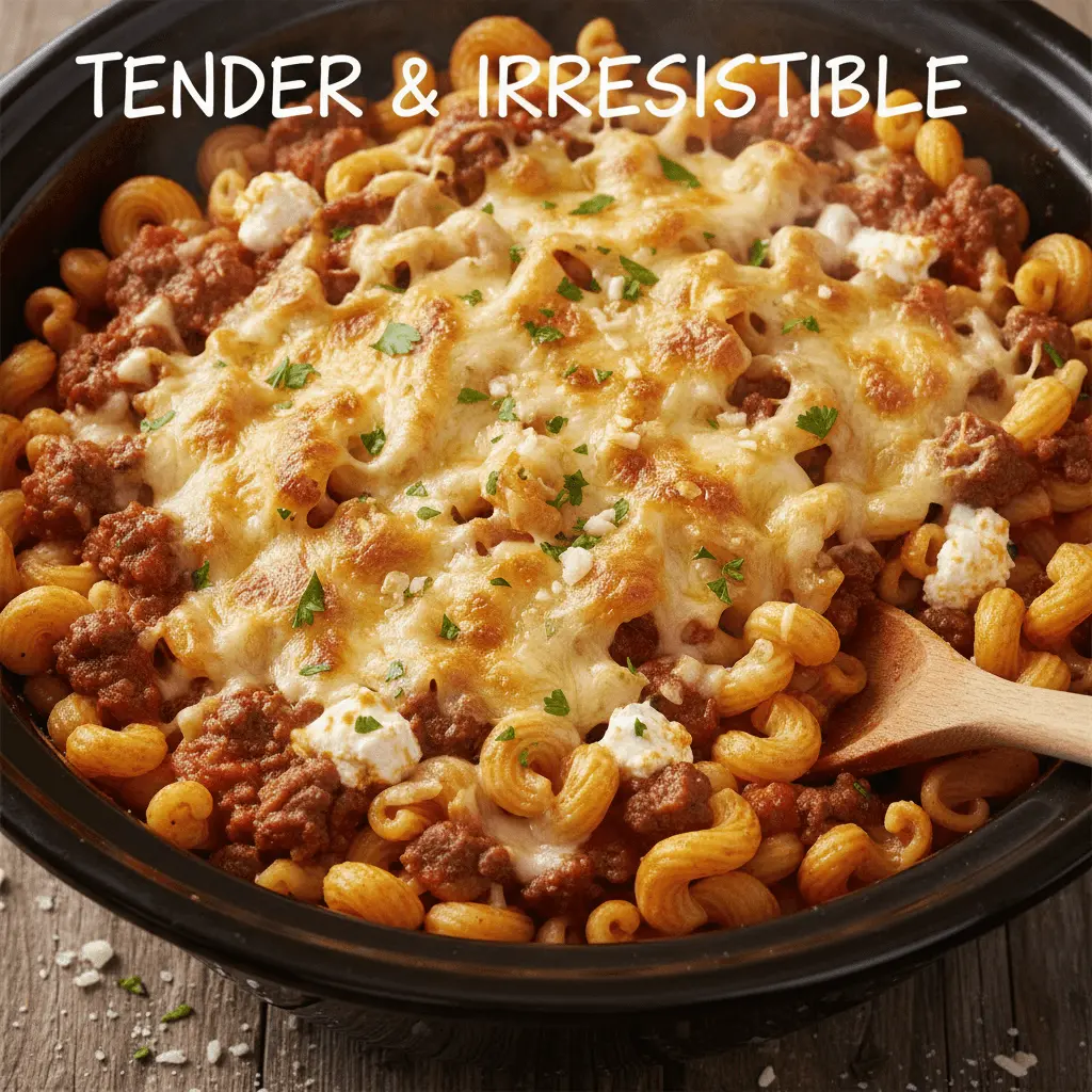 Appetizing baked pasta casserole with melted cheese and fresh herbs, perfect for comforting crockpot pasta recipes.