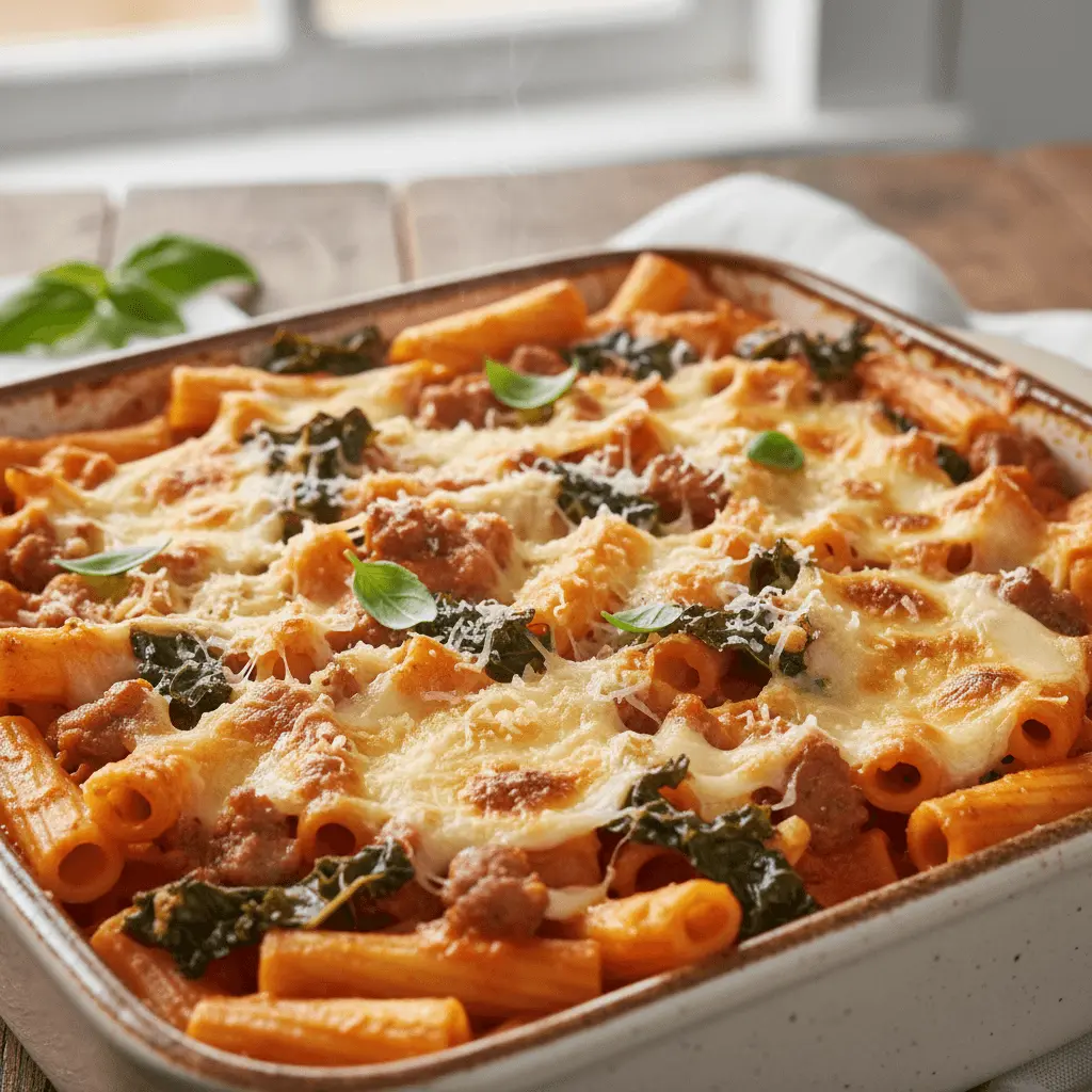 A bubbling, cheesy baked pasta casserole with rich tomato sauce and fresh basil, perfect for exploring delicious baked pasta recipes.