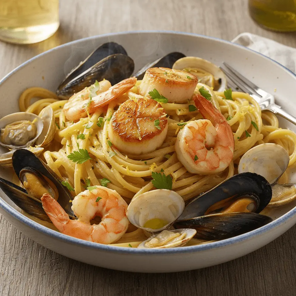 A vibrant close-up of a delicious seafood pasta dish featuring seared scallops, plump shrimp, mussels, and clams on a bed of linguine, inspiring new seafood pasta recipes.