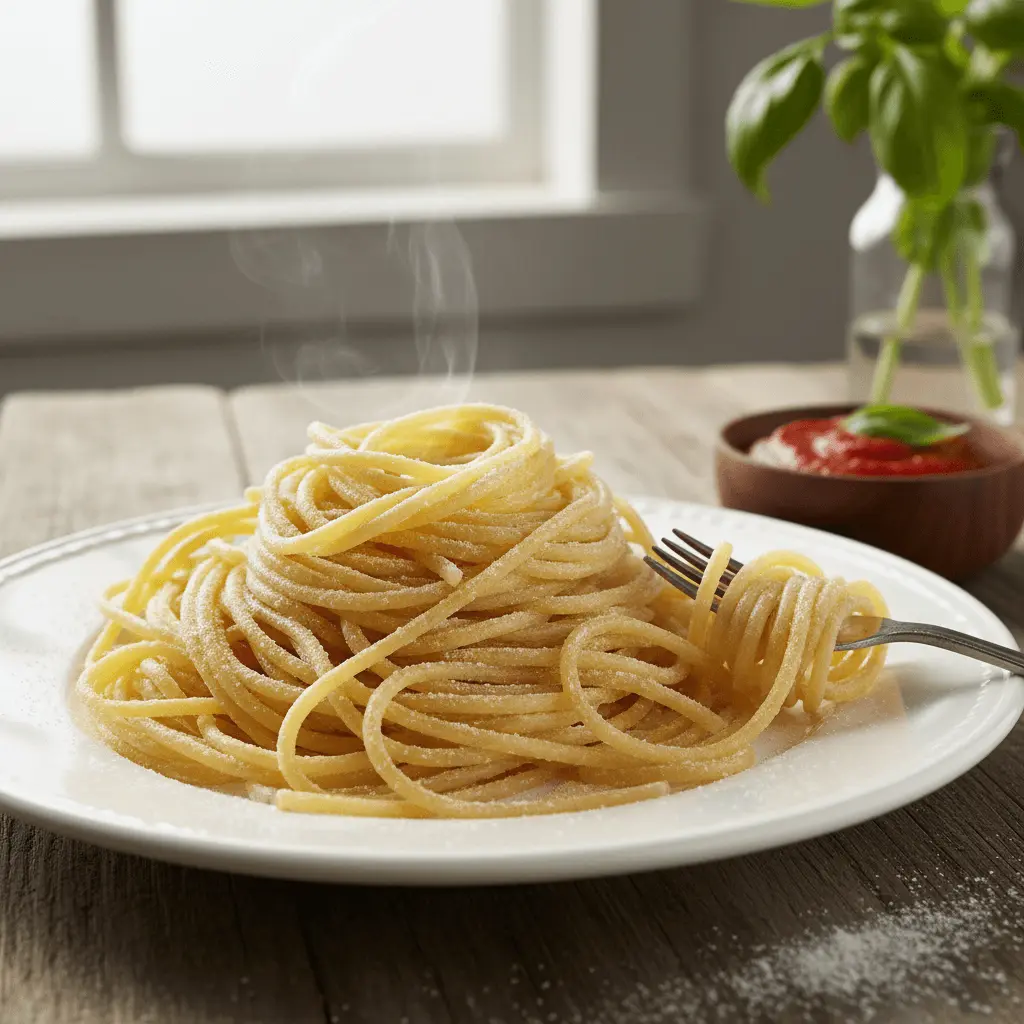 Steaming plate of spaghetti with a fork, ready to inspire new gluten free pasta recipes.