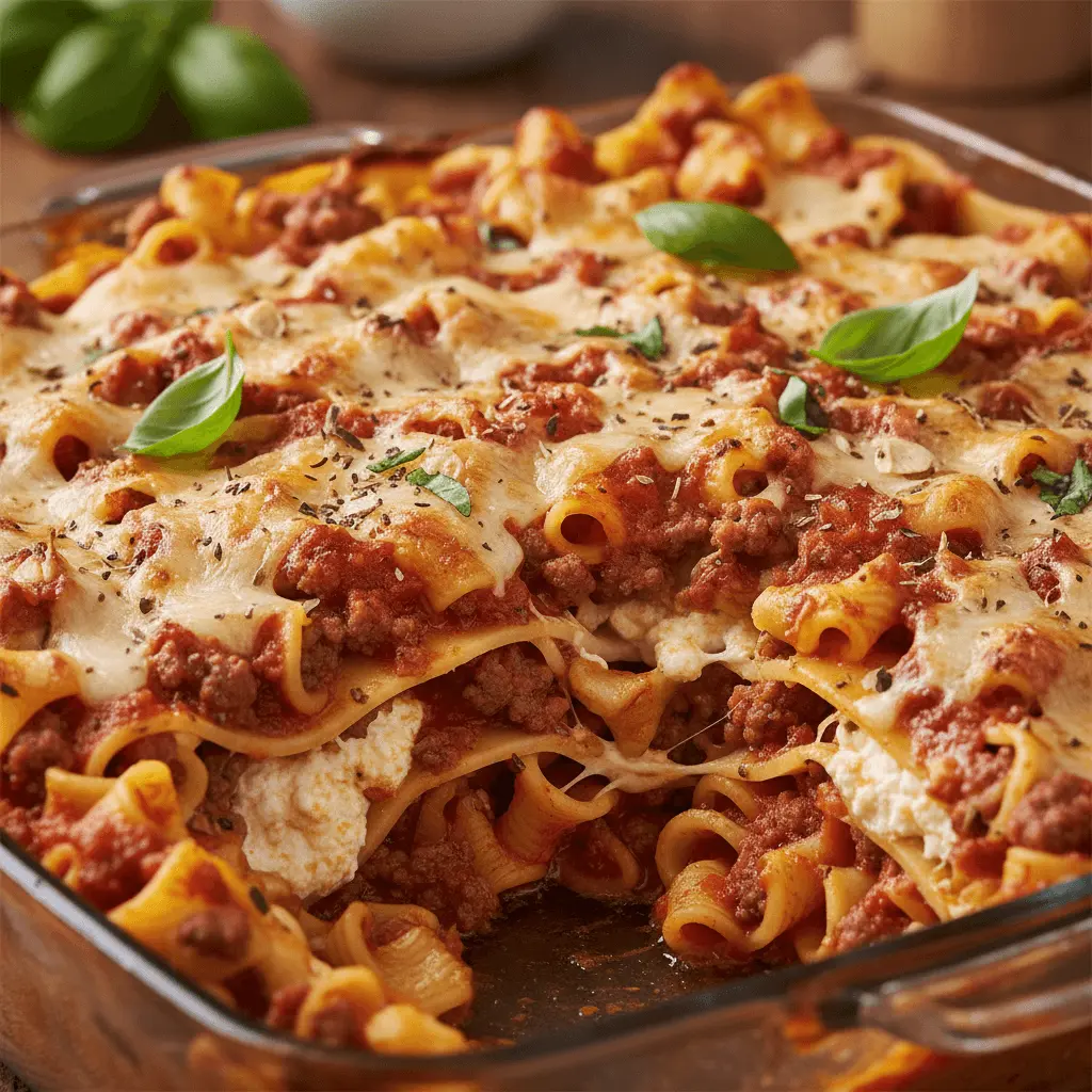 Close-up of a delicious, warm lasagna casserole with melted mozzarella and rich, tubular pasta layers.