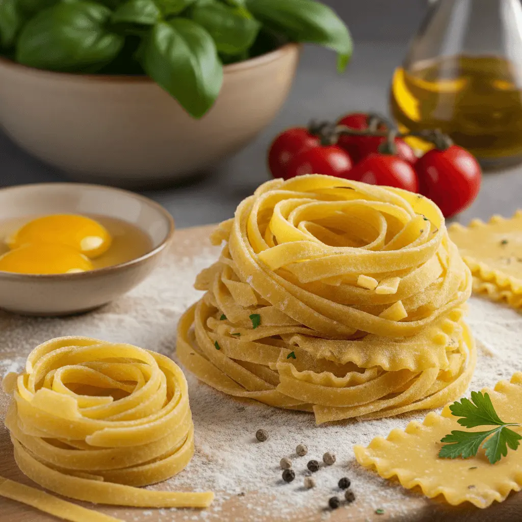 Beautifully arranged fresh pasta ingredients on a wooden board, inspiring delicious fresh pasta recipes.