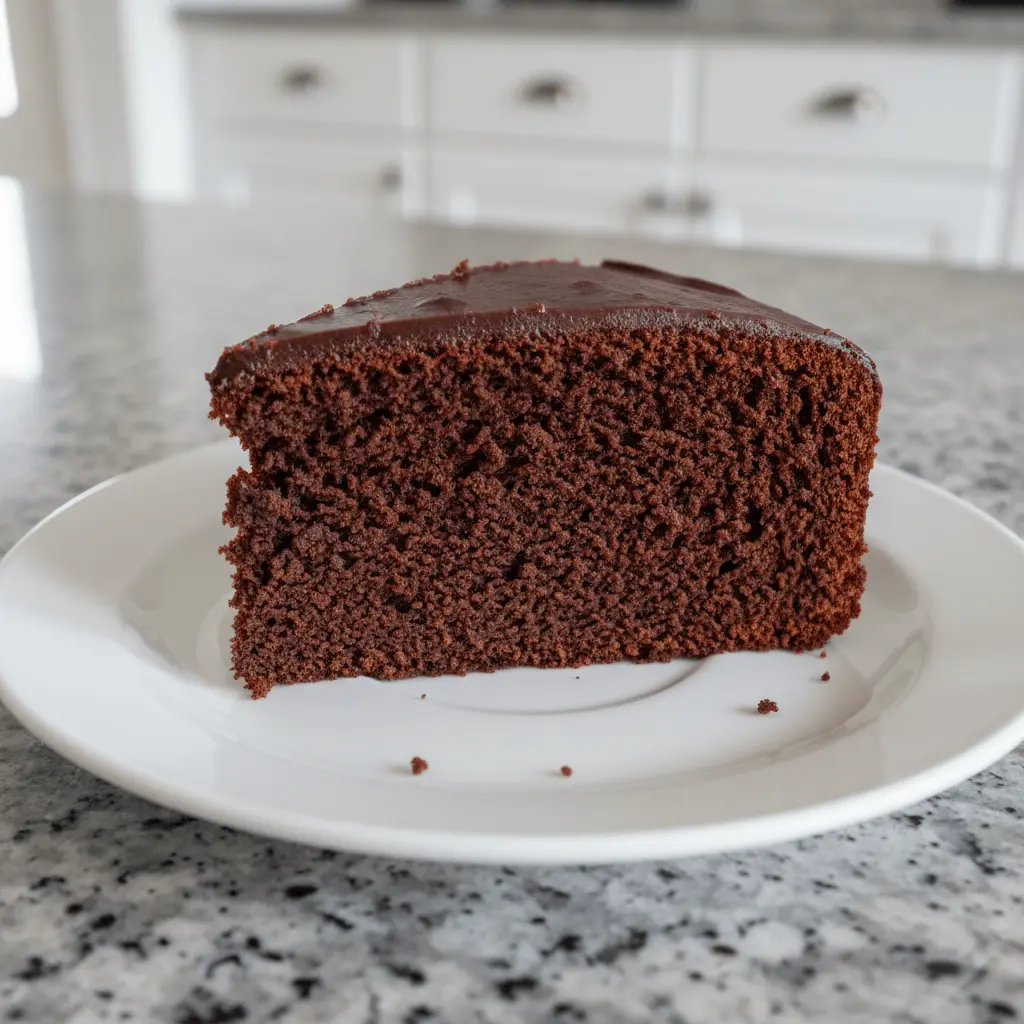 A close-up of a single slice of rich, dark moist chocolate cake with glossy ganache on a white plate in a modern kitchen.