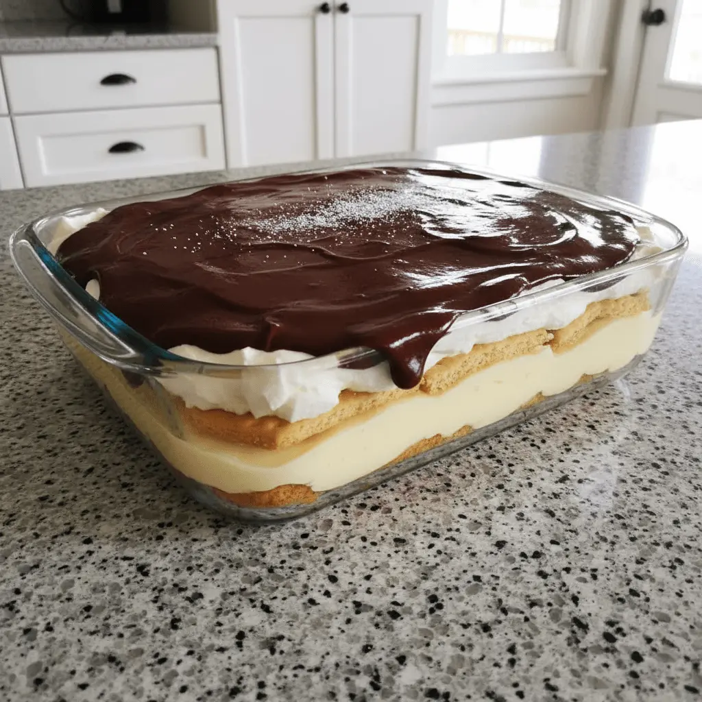 Delicious no-bake chocolate eclair cake in a clear glass dish on a kitchen counter.