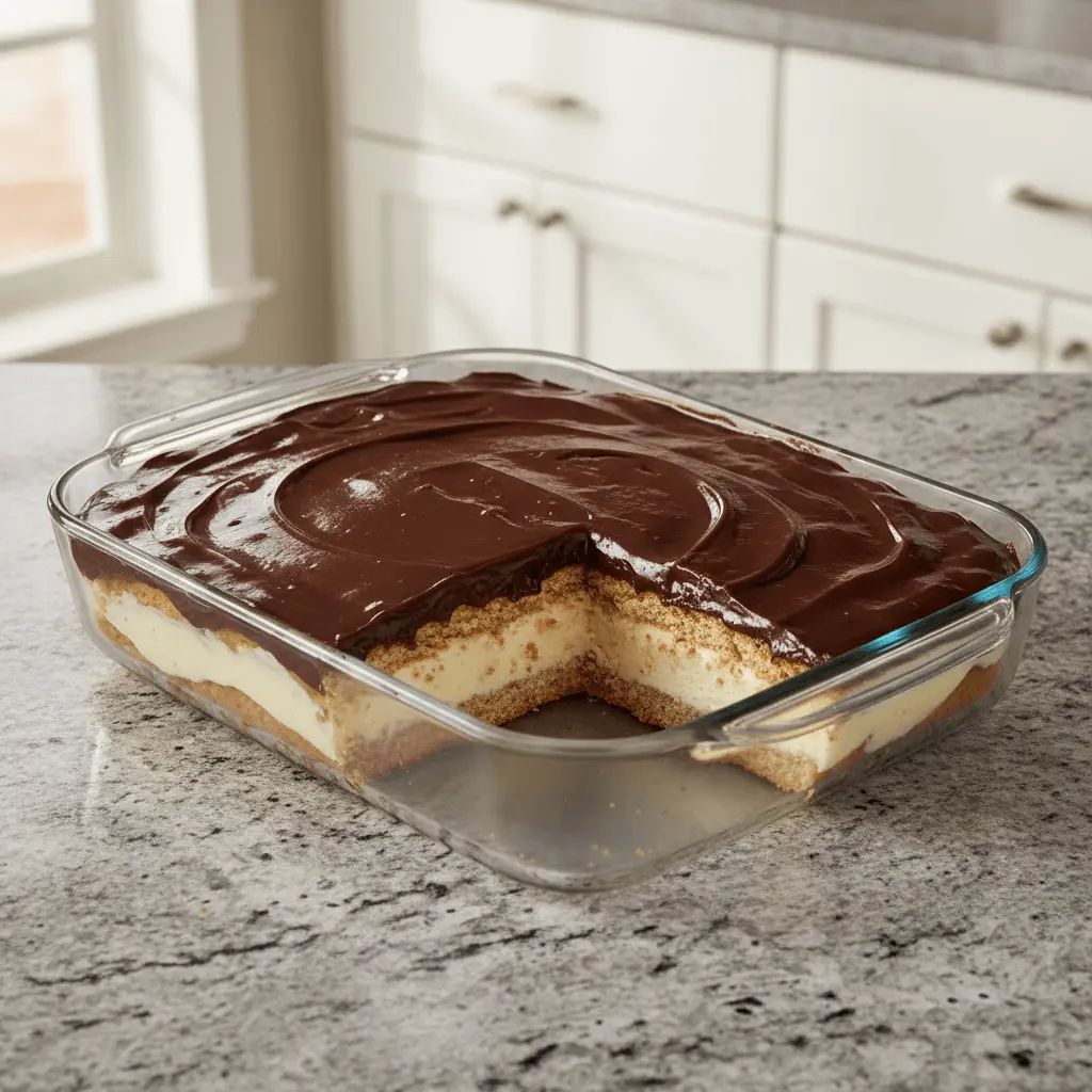 A slice of decadent no bake chocolate eclair cake with distinct graham cracker, creamy, and glossy chocolate layers in a clear dish on a kitchen countertop.