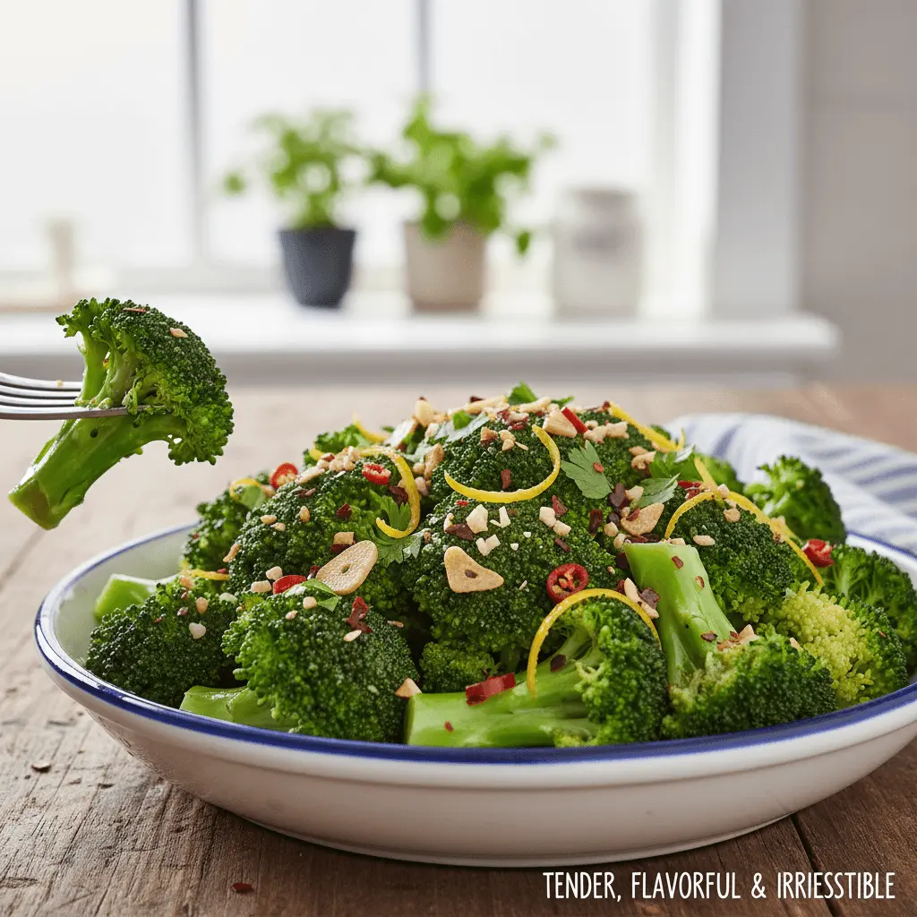 A vibrant bowl of perfectly steamed broccoli florets garnished with lemon zest, nuts, and chili, being served from a rustic wooden table, ideal for healthy steamed broccoli recipes.