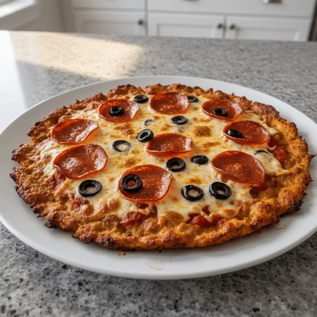 Freshly baked pepperoni and black olive pizza with a golden ground chicken pizza crust on a white plate.