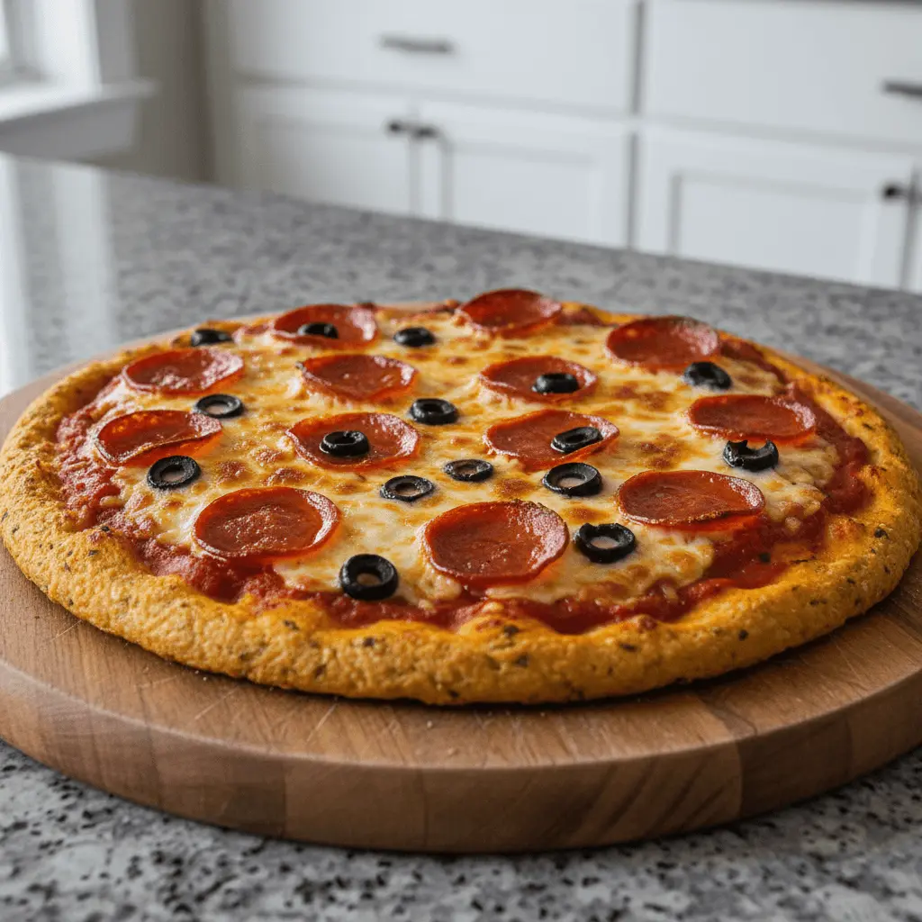 Mouth-watering pepperoni and black olive pizza with a perfectly baked ground chicken pizza crust on a wooden board.