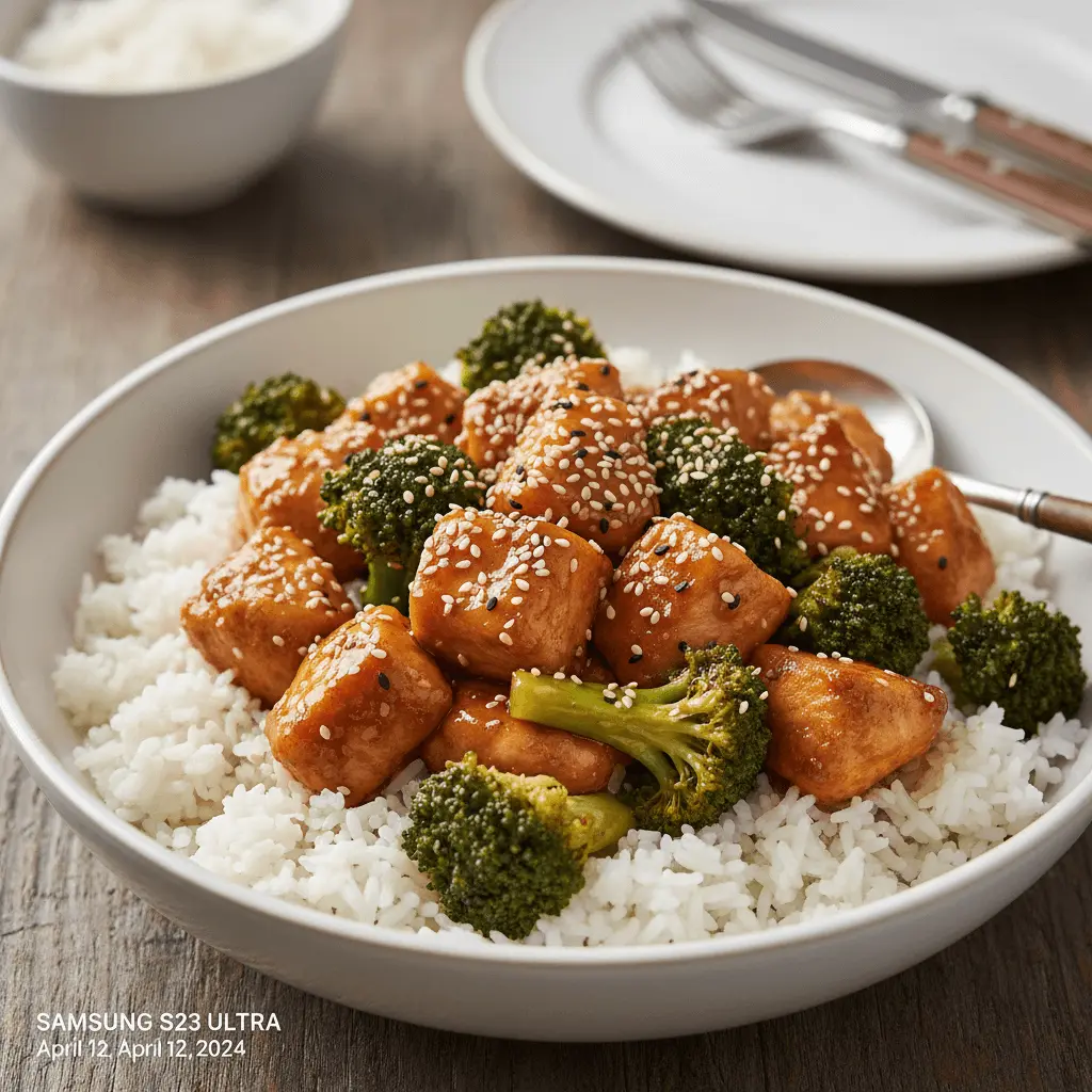 Appetizing sticky sesame chicken with vibrant broccoli and white rice, a popular choice among chicken broccoli recipes.