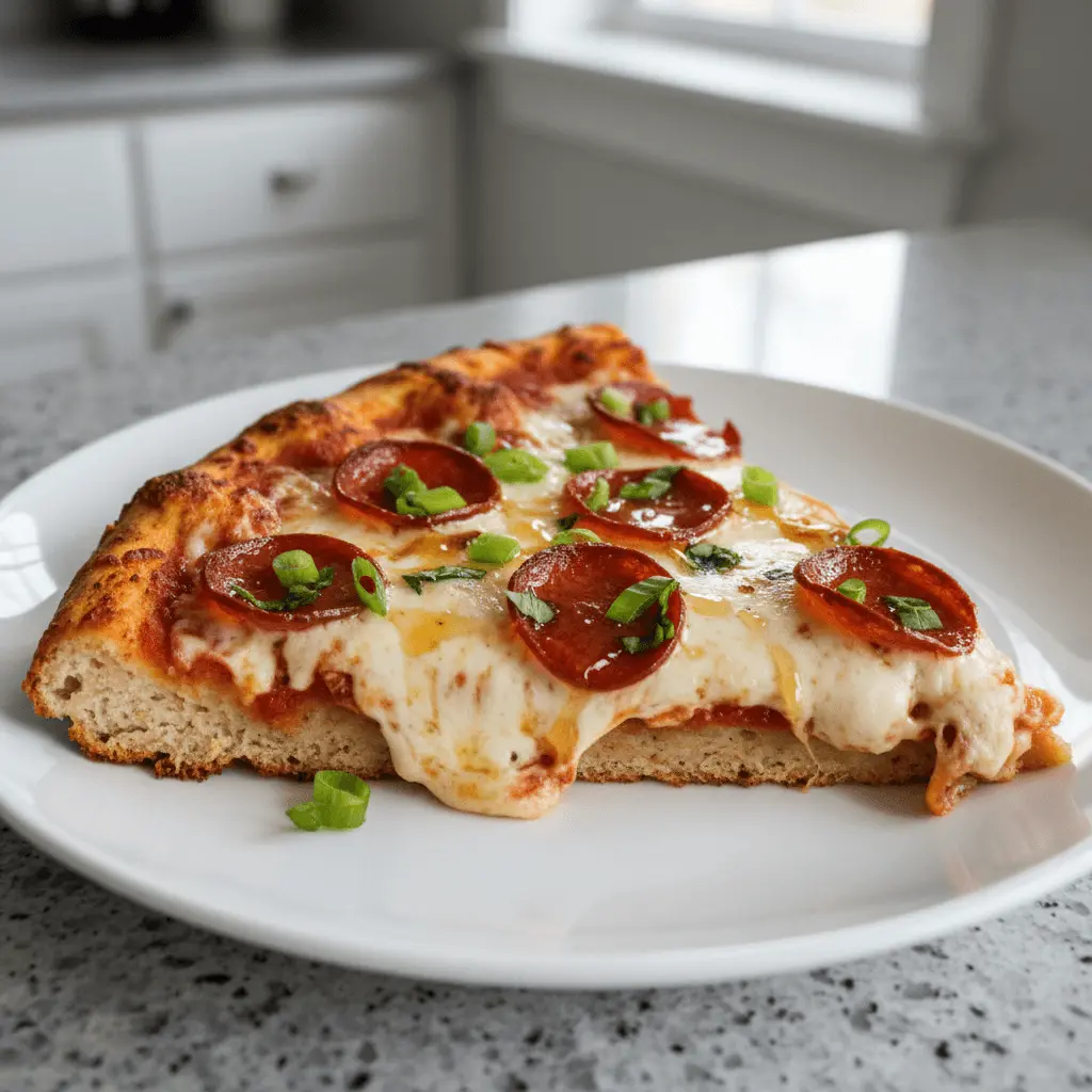 Close-up of a mouth-watering pepperoni pizza slice with a golden-brown crust, a delicious alternative to a chicken pizza crust.