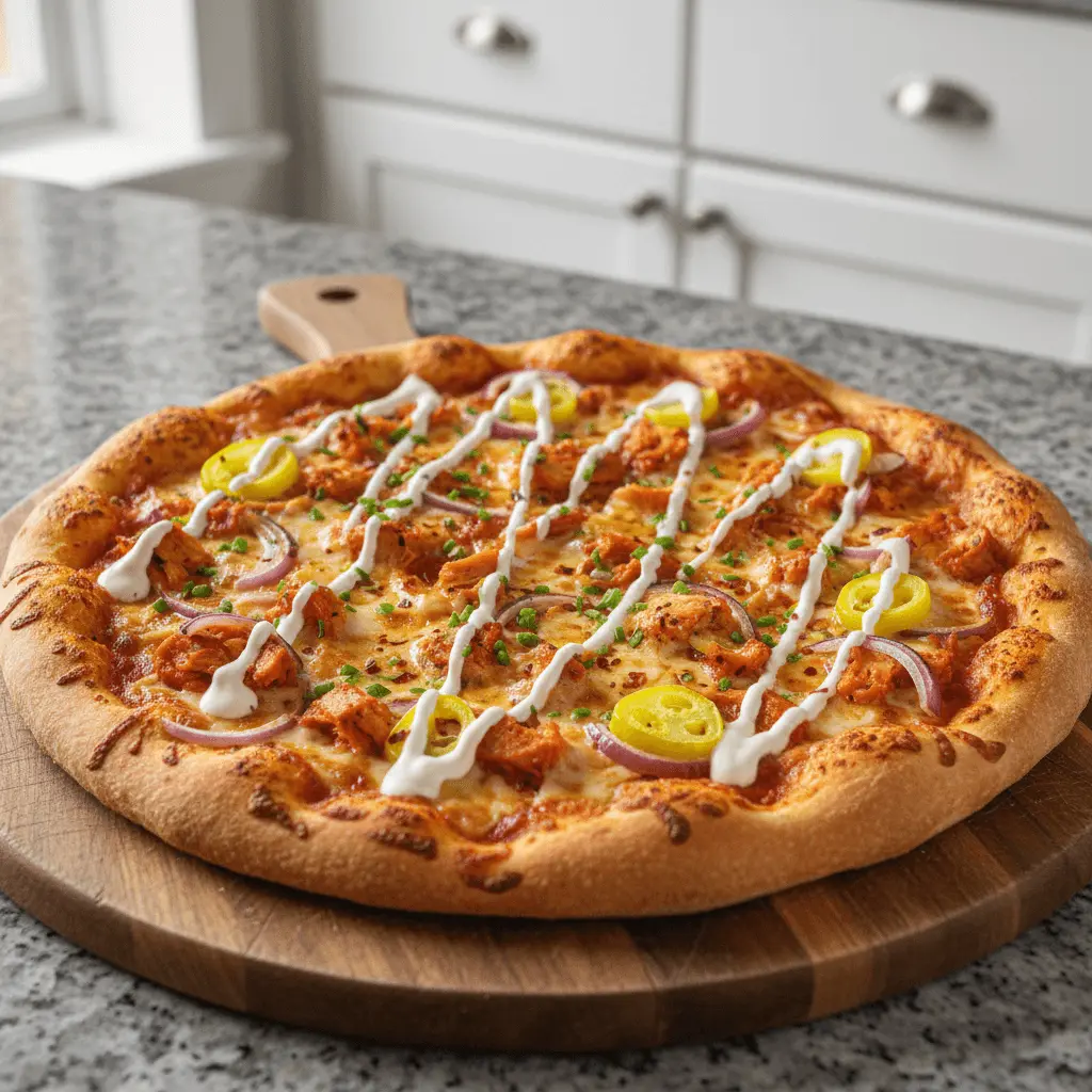 Close-up of a freshly baked buffalo chicken pizza on a wooden cutting board, featuring melted cheese, chicken, red onion, and a ranch drizzle.