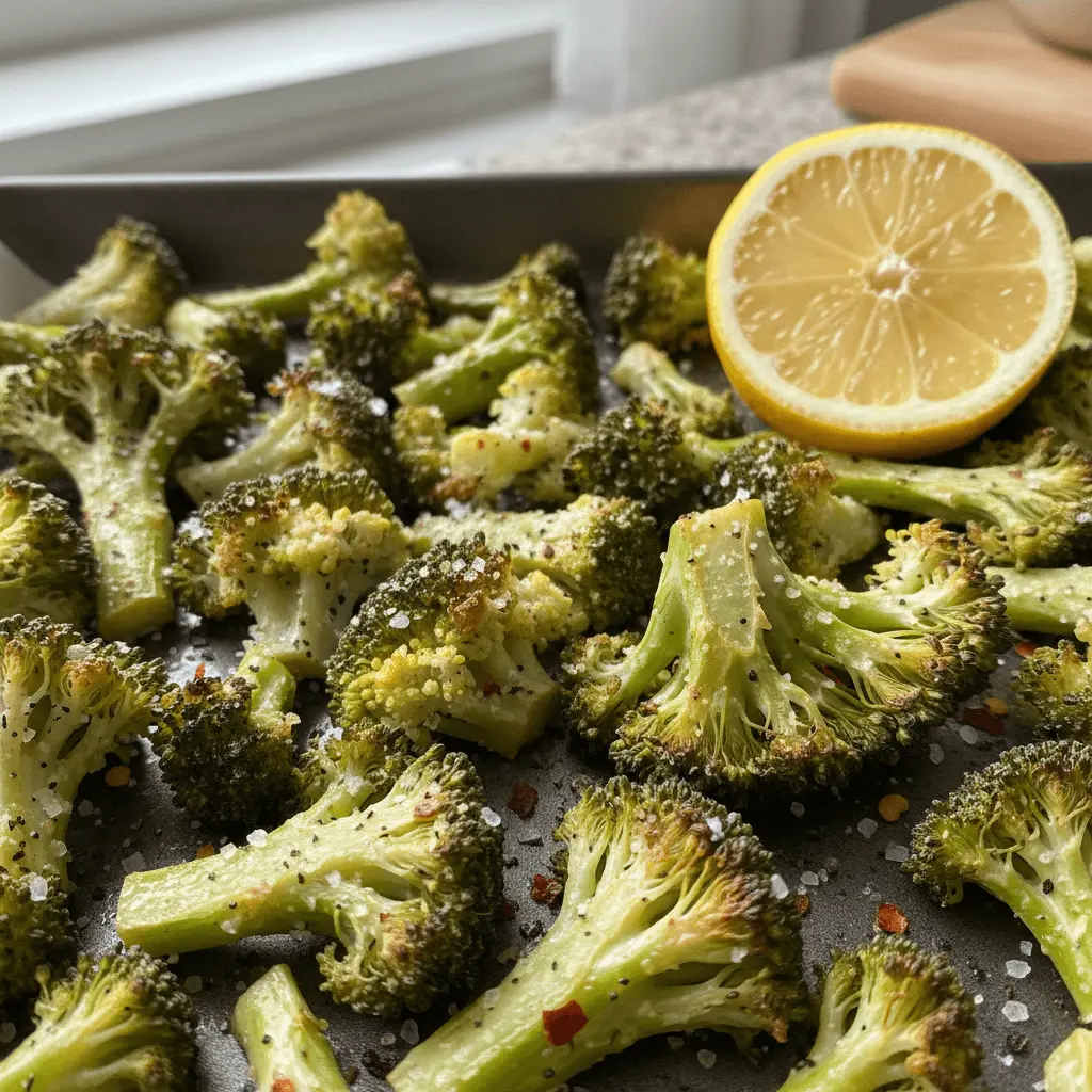 Delicious roasted broccoli florets seasoned with salt, pepper, and chili flakes, ready for healthy frozen broccoli recipes.