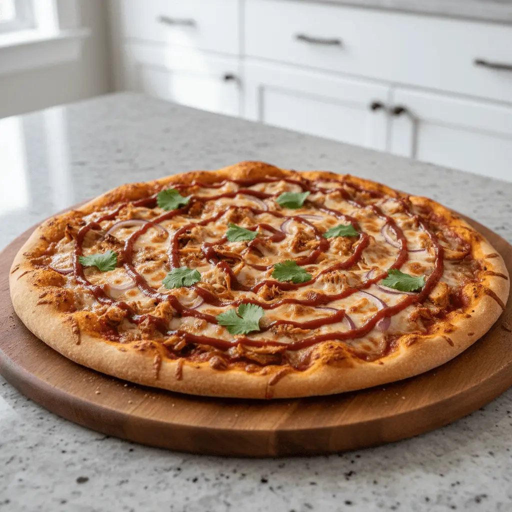 Freshly baked BBQ chicken pizza with a golden crust, melted cheese, chicken, red onion, and cilantro on a wooden serving board.