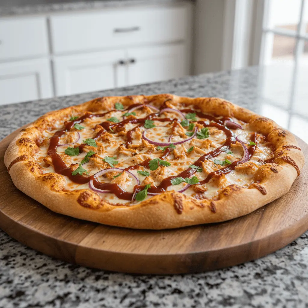 Mouth-watering BBQ chicken pizza on a wooden serving board in a brightly lit kitchen.
