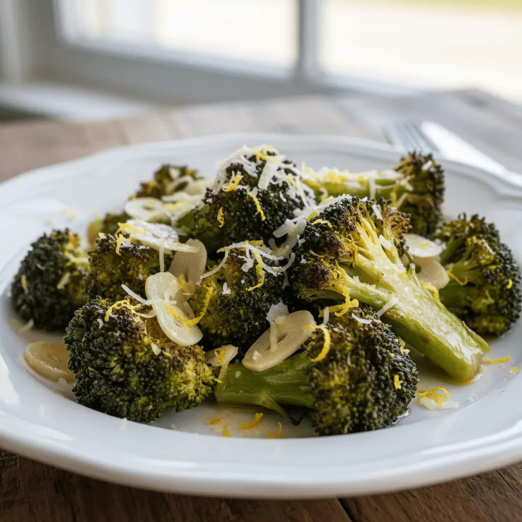 Roasted broccoli with Parmesan and lemon zest, a healthy option among delicious broccoli recipes.