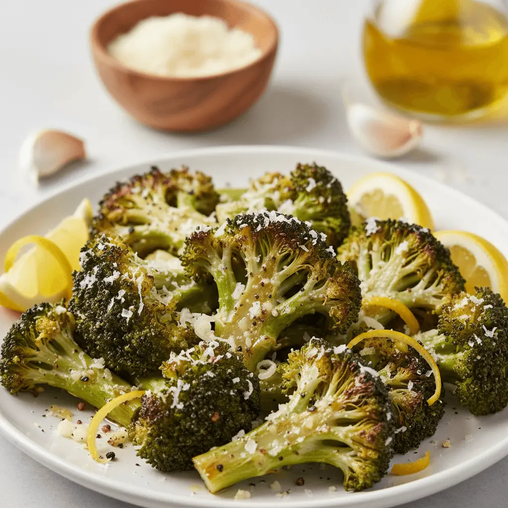Plated roasted broccoli with Parmesan and lemon zest, showcasing delicious roasted broccoli recipes.
