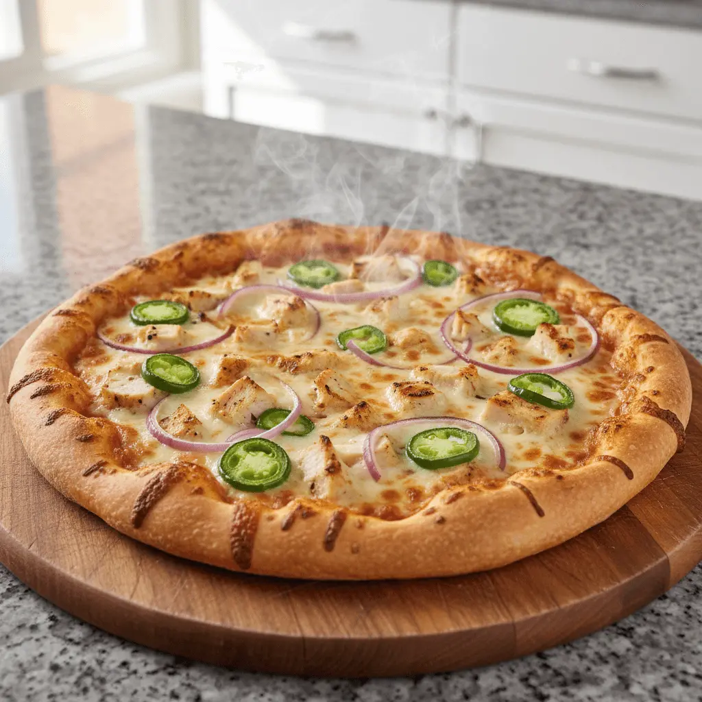 Freshly baked chicken pizza with melted cheese, red onion, and jalapeños on a wooden board.