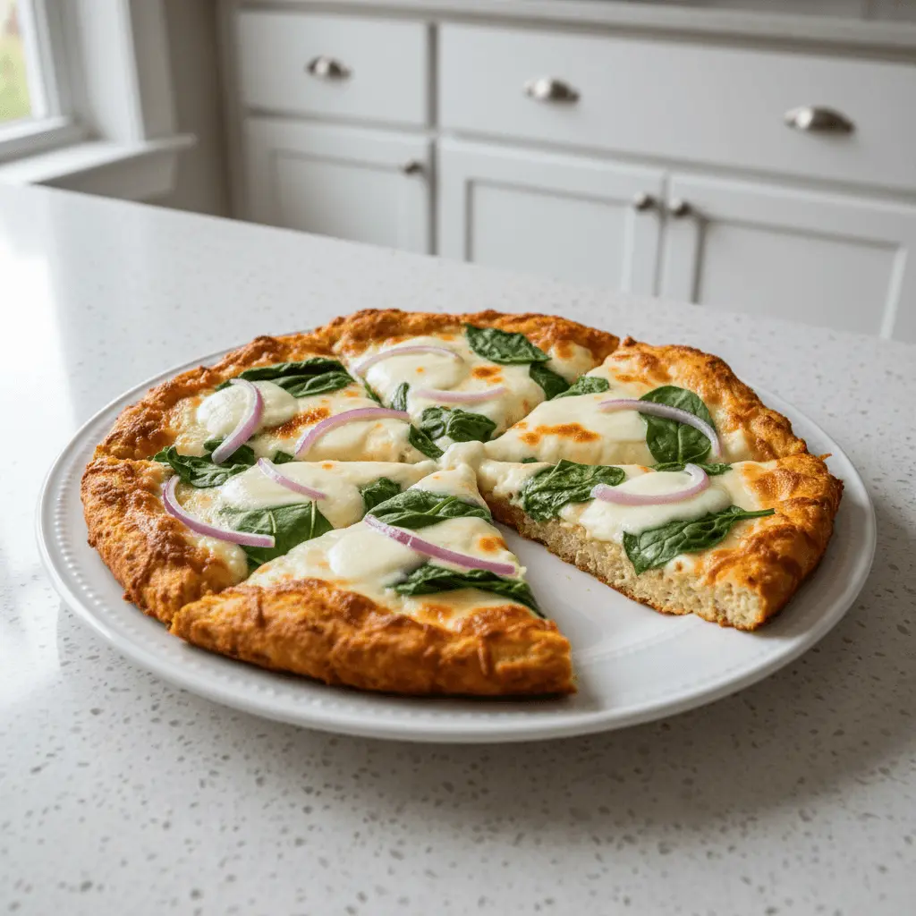 Freshly baked pizza with a golden canned chicken pizza crust, topped with melted mozzarella, fresh spinach, and red onion, on a white kitchen counter.