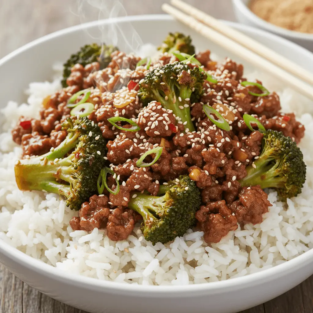 Close-up of hot Asian-inspired ground beef and broccoli over white rice in a white bowl with chopsticks, perfect for various ground beef and broccoli recipes.